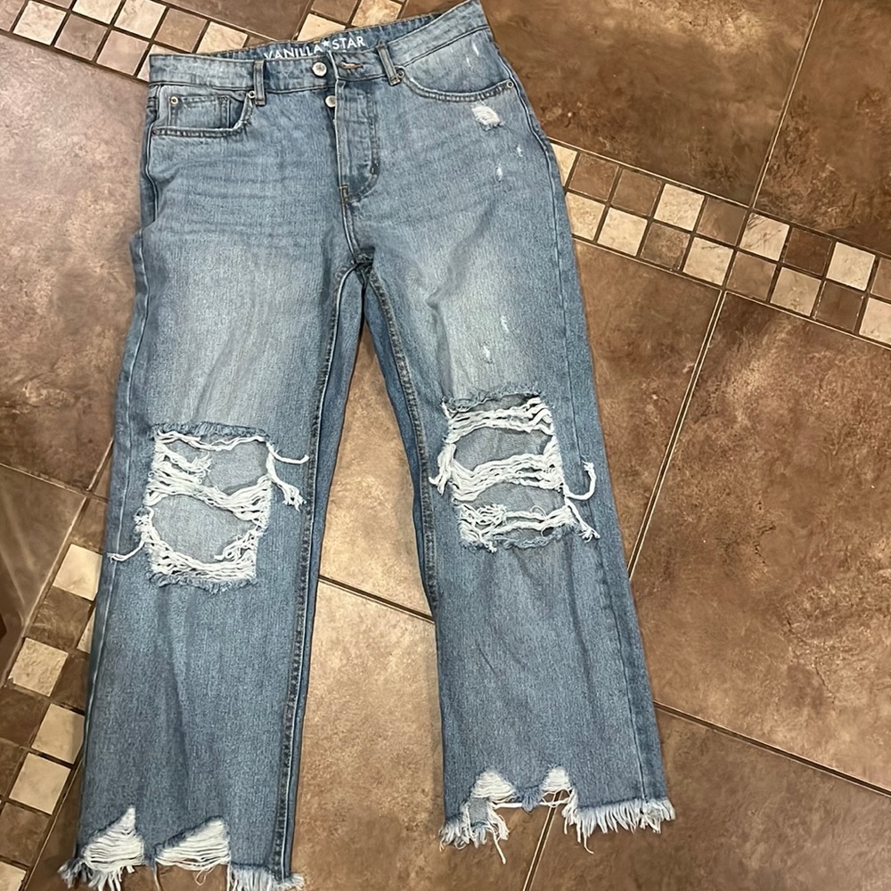 Mom styled, cropped, distressed jeans